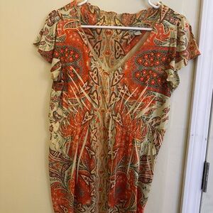 ONE WORLD Paisley V-Neck Top - Orange and Cream